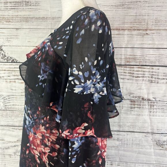 White House Black Market Blouse Tunic sz 4 Black Blue Pink Floral Sheer Ruffles - Picture 6 of 9